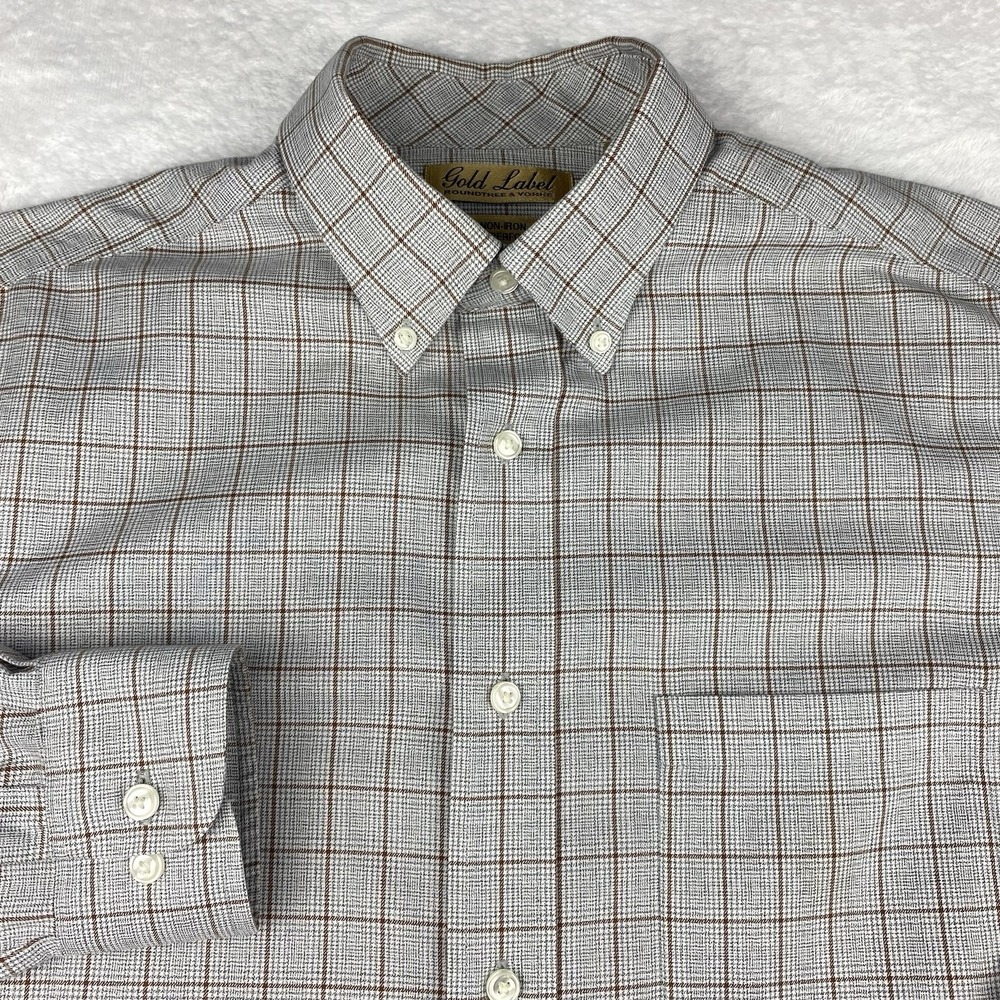 Roundtree & Yorke Gold Label Shirt Mens Medium Gray w/Brown Checks Non Iron